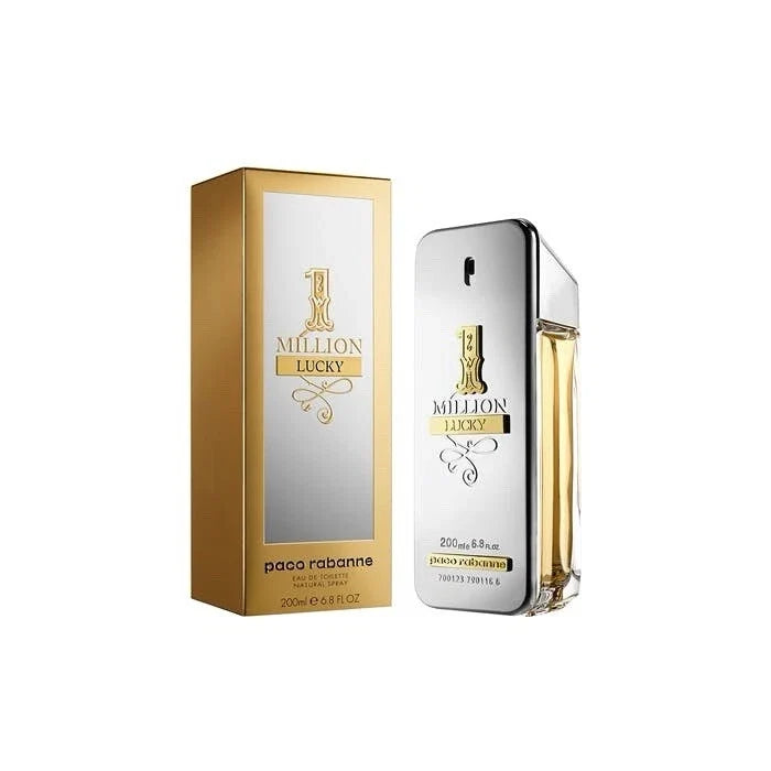 Paco Rabanne 1 Million Lucky Eau de Parfum shown with its metallic gold and silver packaging box next to the rectangular perfume bottle on a plain white background.
