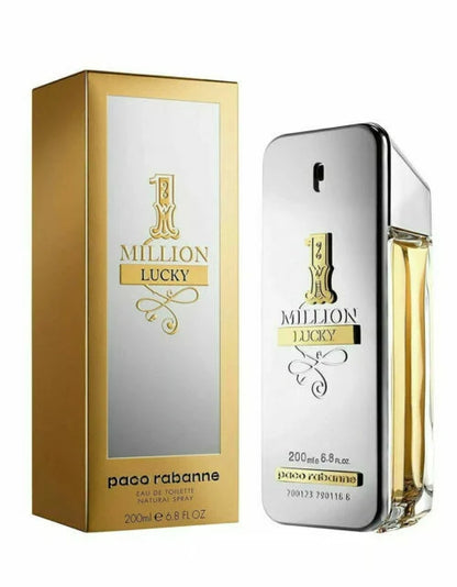 Paco Rabanne 1 Million Lucky Eau de Toilette shown with its gold and silver box and the rectangular perfume bottle containing golden liquid.
