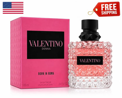 Valentino Born in Roma Eau de Parfum bottle and its pink box, shown on a white background with a red 'Free Shipping' tag and an American flag graphic.